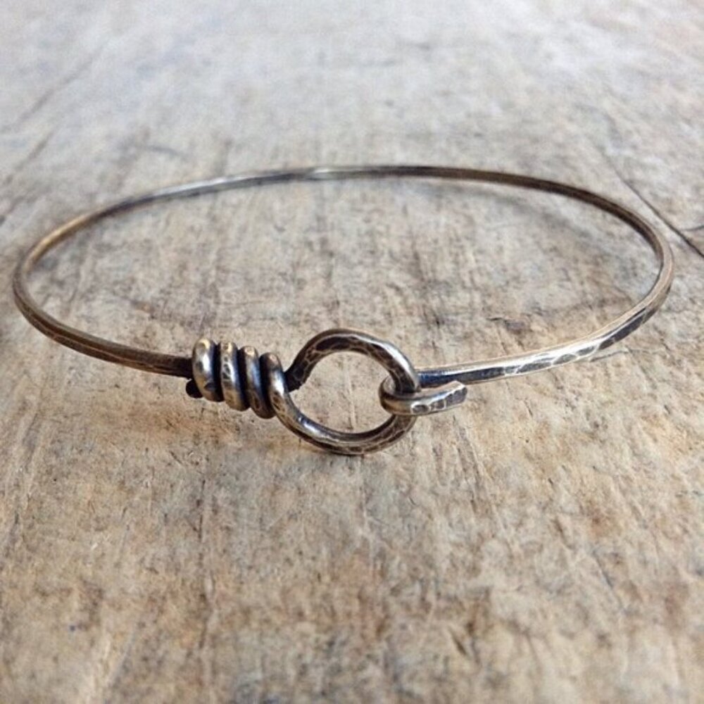 Antique Brass Hook & Eye Bangle Rustic Aged Bronze Unisex Bracelet - 8 inches